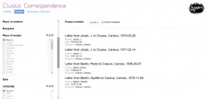 Results of faceted search for all letters written in Spanish to Clusius in Malines.
